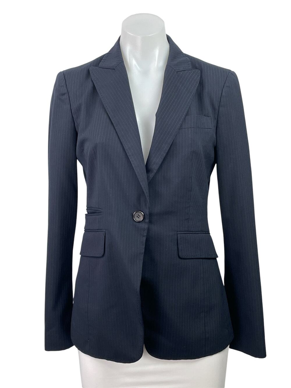 United Colors Of Benetton Black Pinstriped Peak Lapel Blazer Coat Jacket Size 10